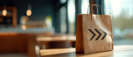 Brown paper shopping bag with black arrow symbols placed on wooden table in modern indoor setting with blurred background