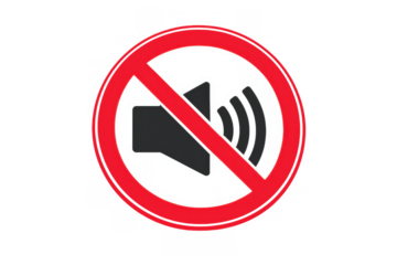 No sound mute speaker icon in red prohibition circle showing quiet zone and silence concept
