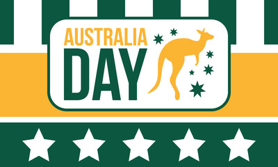 Australia Day. National happy holiday, celebrated annual in January 26. Australian patriotic elements. Kangaroo silhouette. Poster, card, banner and background. Vector illustration
