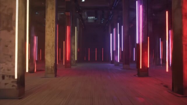 Abstract interior space with neon lights and concrete columns