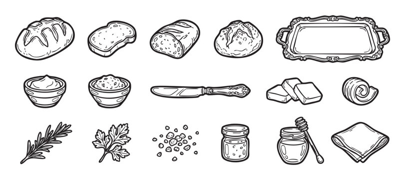 Hand-drawn black and white food illustrations set featuring various breads, butter, honey, herbs, and serving items in a simple doodle line art style for culinary design