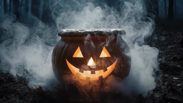 Illuminated jack-o'-lantern with smoky ambiance on Halloween night
