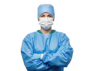 Confident surgeon in scrubs isolated on transparent background