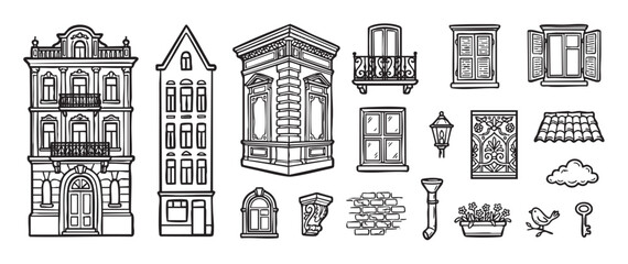 Fototapeta premium Collection of hand drawn architectural elements in a black and white doodle style, featuring classic building facades, windows with shutters, an ornate balcony, and various city objects
