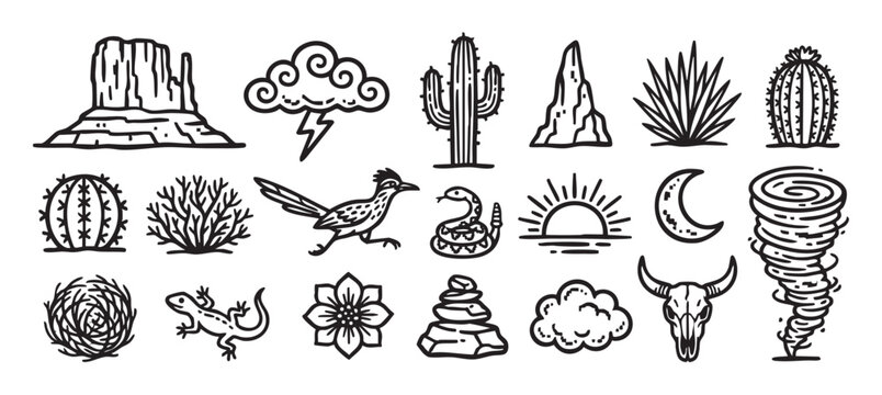 Collection of hand-drawn desert icons featuring a cactus, snake, skull, and roadrunner in a minimalist black and white line art style for western-themed designs