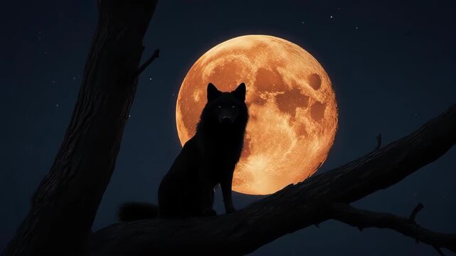 A black wolf sits on a tree branch, observing a huge orange full moon at night