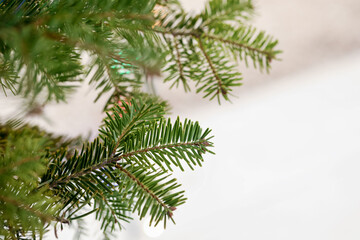 Obraz premium Beautiful Christmas tree with festive lights on light background, closeup. Space for text