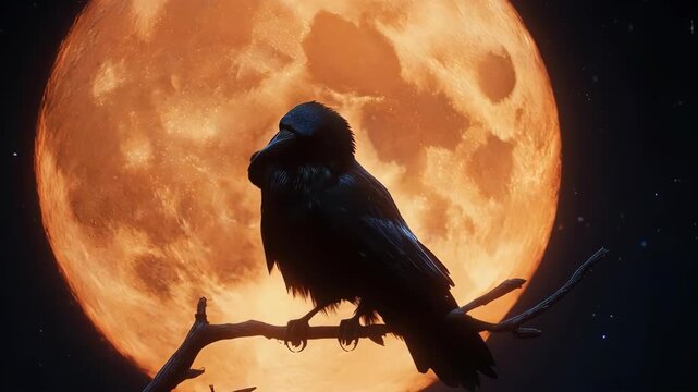 Raven perched on branch in front of a giant orange moon