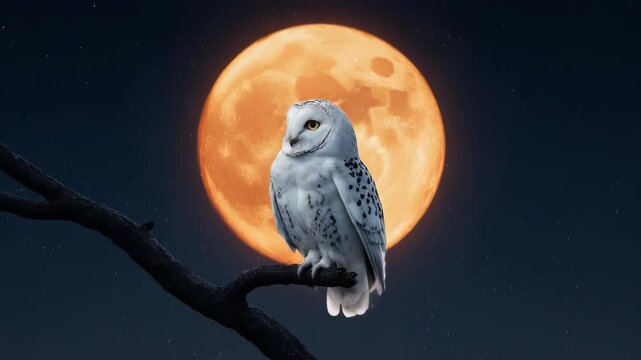 Owl perched on branch with full moon at night