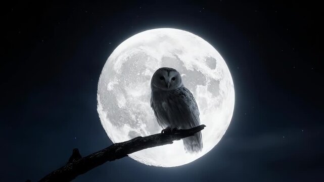 Nocturnal owl perched on a branch in front of a full moon