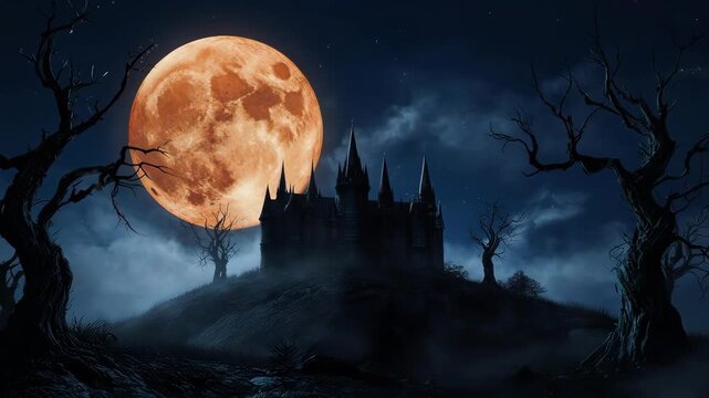 Dark castle under a full blood moon, creating an ominous and spooky atmosphere