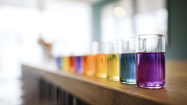 Vibrant laboratory liquids showcase modern scientific innovation on a rustic wooden table - Powered by Adobe
