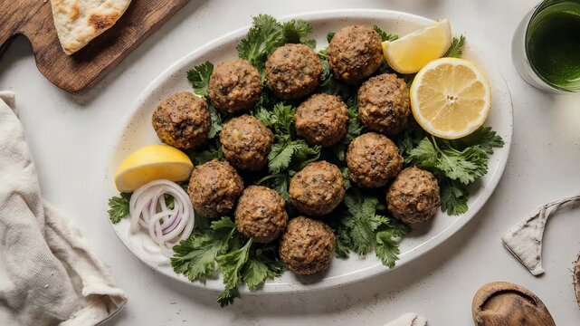 Falafel balls with parsley and lemon on white plate flat lay
