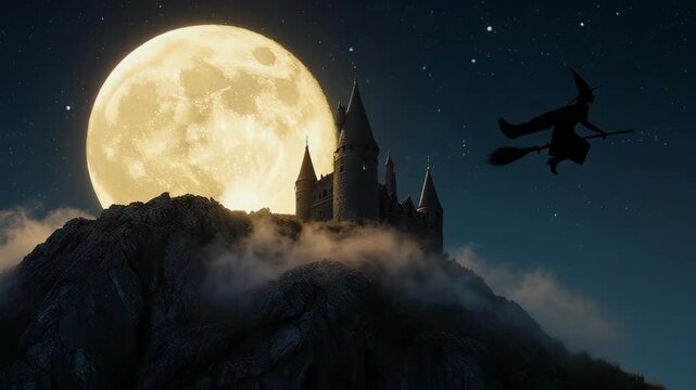Mystical castle silhouette atop a mountain under full moon with witch flying on broomstick