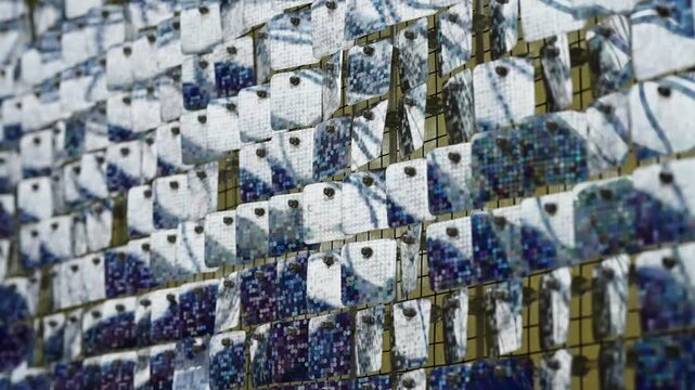 Shimmering mosaic of mirrored tiles arranged in a kinetic grid, perforated squares reflecting light and color to create an abstract, metallic sequin wall texture captured in detail.