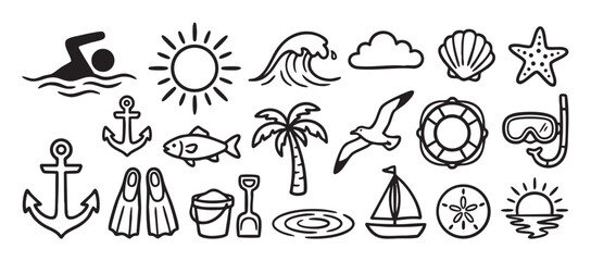 Obraz premium Collection of hand-drawn summer beach icons in a simple black and white doodle style, featuring a sun, wave, palm tree, anchor, and sailboat for vacation themes