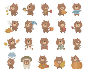 Obraz premium Autumn bear set in scandinavian style featuring different poses and emotions seasonal forest animals harvest clothing weather cozy reading walking