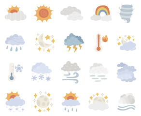 Meteorology weather set in scandinavian style featuring clouds sun moon rain snow wind temperature symbols forecast climate atmosphere sky seasons