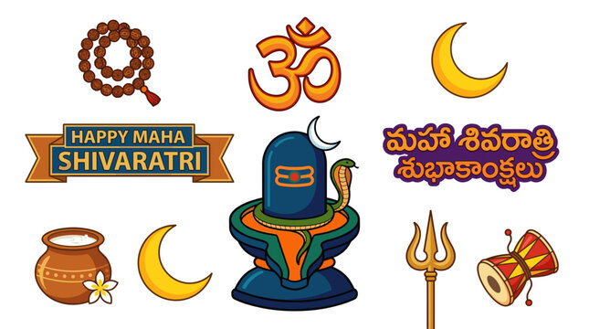 Happy Maha Shivaratri Wishes Template Vector. Hindu Festival Greeting with Om, Shivaling, Trishul and Damru Icons. English and Telugu Language Typography on White.