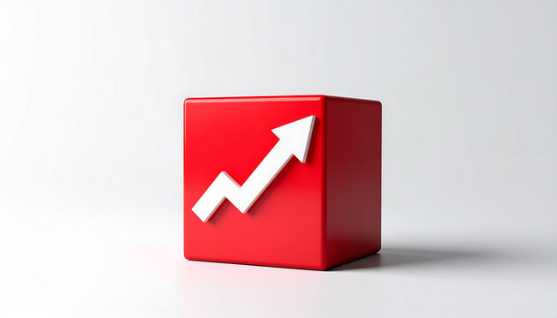 Red cube with bold white arrow pointing upward, market growth and success concept. Close-up.