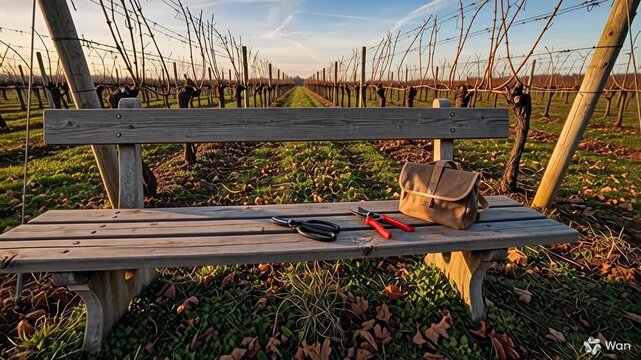 Vineyard bench with pruning tools and bag in warm sunset tones for Trifon Zarezan festival