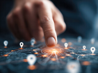 Person interacting with a digital map interface highlighting network connections and location points for advanced navigation and smart city planning