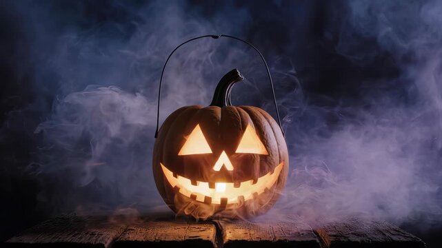 Glowing pumpkin lantern with carved face and dark background