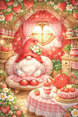 Fototapeta premium Strawberry gnome cottage interior fantasy watercolor illustration daisy cozy tea party scene inside strawberry house, pink gingham curtain, teapot, cake, jar, warm sunlight, whimsical fairytale