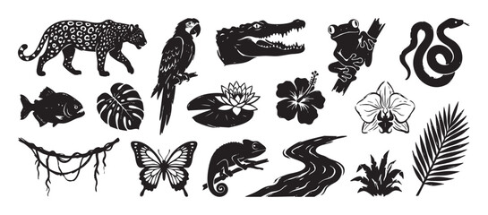 Obraz premium Collection of black jungle animal and plant illustrations in a stylized linocut style, featuring a jaguar, parrot, snake, crocodile, and tropical flowers