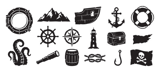 Fototapeta premium Collection of black pirate and nautical icons including a skull, anchor, ship wheel, and treasure chest in a vintage silhouette style for adventure and maritime themes