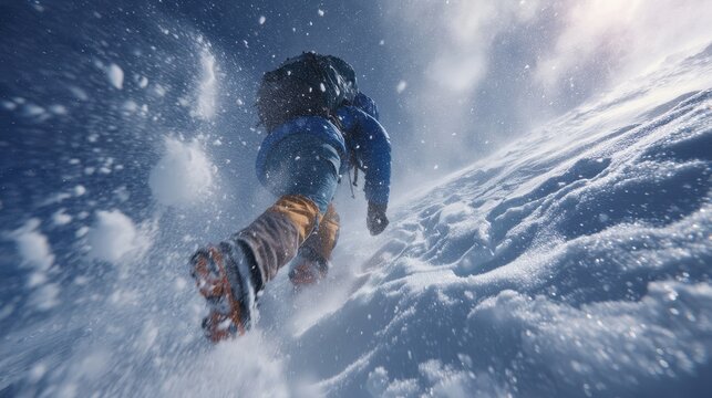 Adventurer hiking uphill in snowy winter scene