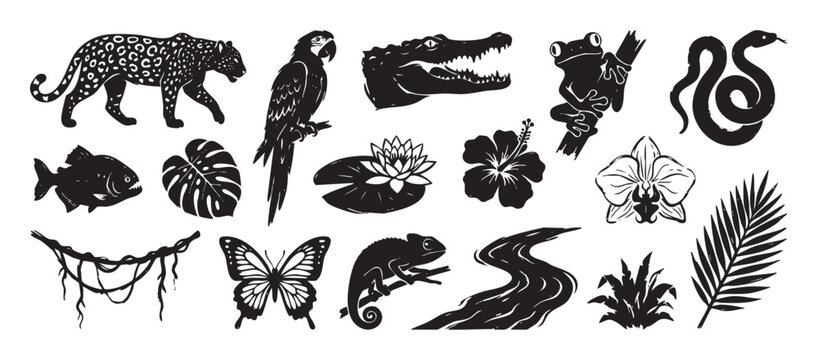 Collection of black jungle animal and plant illustrations in a stylized linocut style, featuring a jaguar, parrot, snake, crocodile, and tropical flowers