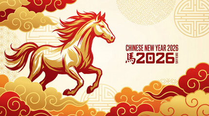 Chinese New Year 2026 Year of the Horse Vector Illustration Golden Galloping Horse with Traditional Clouds Greeting