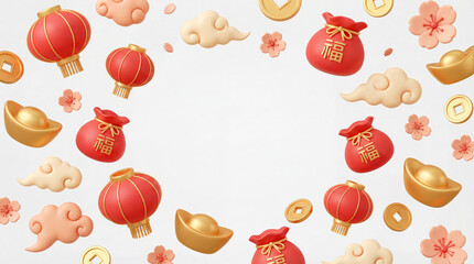 3D Render Chinese New Year Background with Copy Space, Red Lanterns, Lucky Bags and Gold Ingots Greeting Card Template