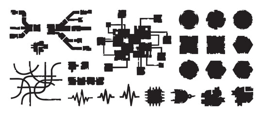Obraz premium Collection of black abstract futuristic HUD elements featuring distressed circuit diagrams, grunge geometric shapes, and glitch style waveform symbols