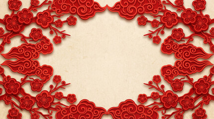Chinese New Year red paper cut frame with plum blossoms and clouds on beige background
