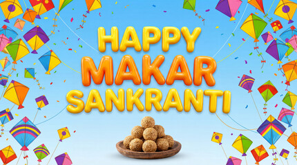 Happy Makar Sankranti Celebration Background with Colorful Kites and Traditional Til Laddu Sweets