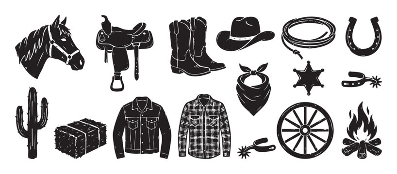 Collection of black cowboy western icons featuring a horse, saddle, boots, hat, and lasso in a rustic, hand-drawn linocut illustration style for ranch or rodeo themes