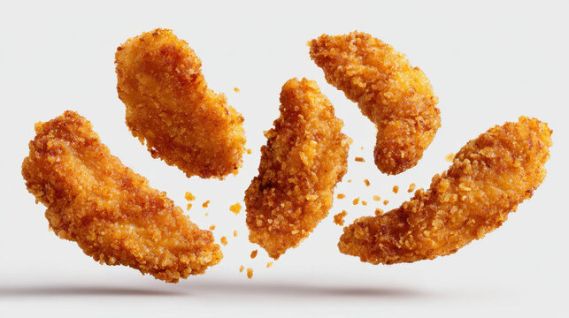 Fried chicken tender breading crumb crunchy snack fast food, golden deep fried strips flying on white background, crispy texture and comfort mood, copy space, studio lighting
