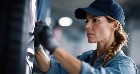 Focused female mechanic wearing cap and gloves inspecting car tire in auto repair shop with blurred background