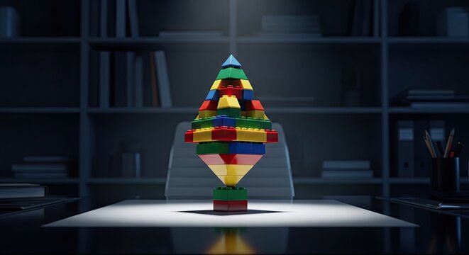 Creative Lego Tower on Desk: Business Innovation, Teamwork, and Building Success in the Office Environment