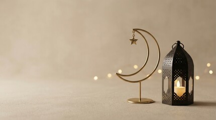 Minimal Ramadan Still Life with Crescent Moon and Lantern on Beige Background