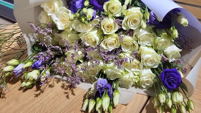 Beautiful bouquet arrangement packaging with white and purple flowers at a local shop during the day