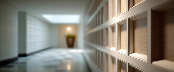 Fototapeta premium Bright contemporary hallway featuring evenly spaced columbarium wall niches and soft skylight