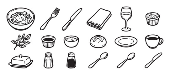 Set of black and white dining icons featuring a salad bowl, cutlery, wine glass, coffee cup, bread, and condiments in a simple hand-drawn sketch style for restaurant menus