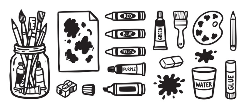 Set of hand-drawn art supplies in a black and white doodle style including paint, brushes, crayons, and a pencil for creative projects and school activities