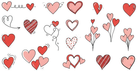 Valentine Various hand drawn doodle hearts in different shades of red and pink for romance