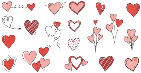 Valentine Various hand drawn doodle hearts in different shades of red and pink for romance