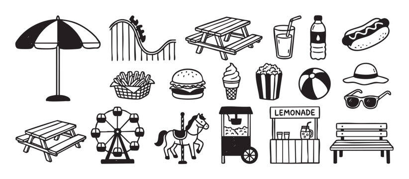 Set of black and white doodle illustrations for a summer fair, featuring a roller coaster, ferris wheel, lemonade stand, hot dog, and ice cream in a fun, sketchy line art style