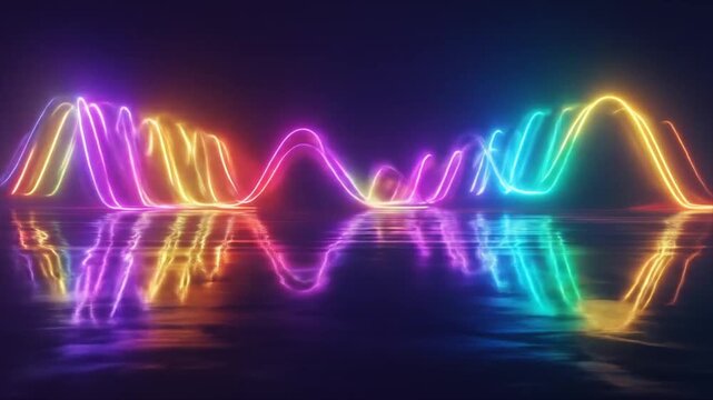 Abstract neon light waveforms reflected on glossy surface
